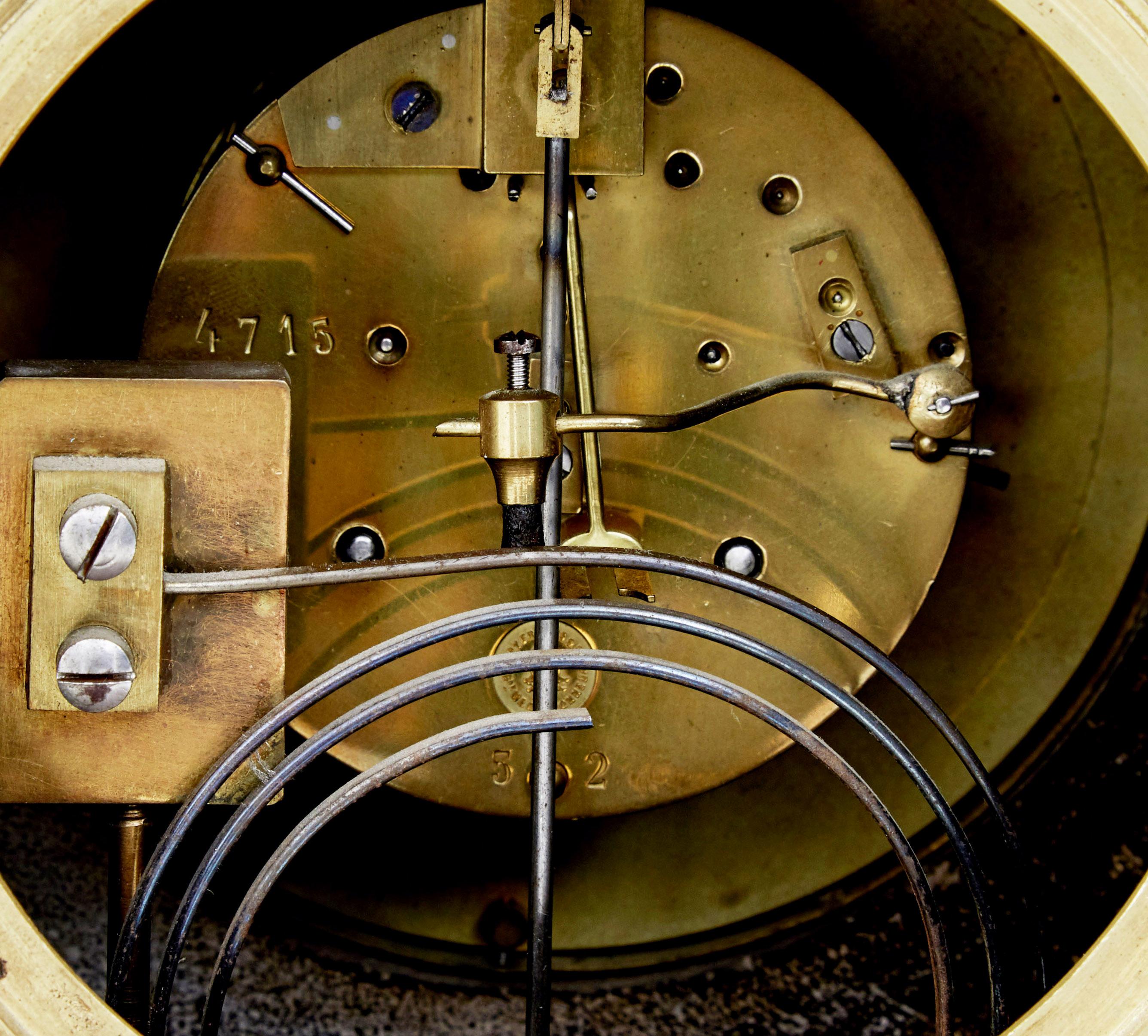 High Victorian inlaid black marble mantel clock In Good Condition In Debenham, Suffolk
