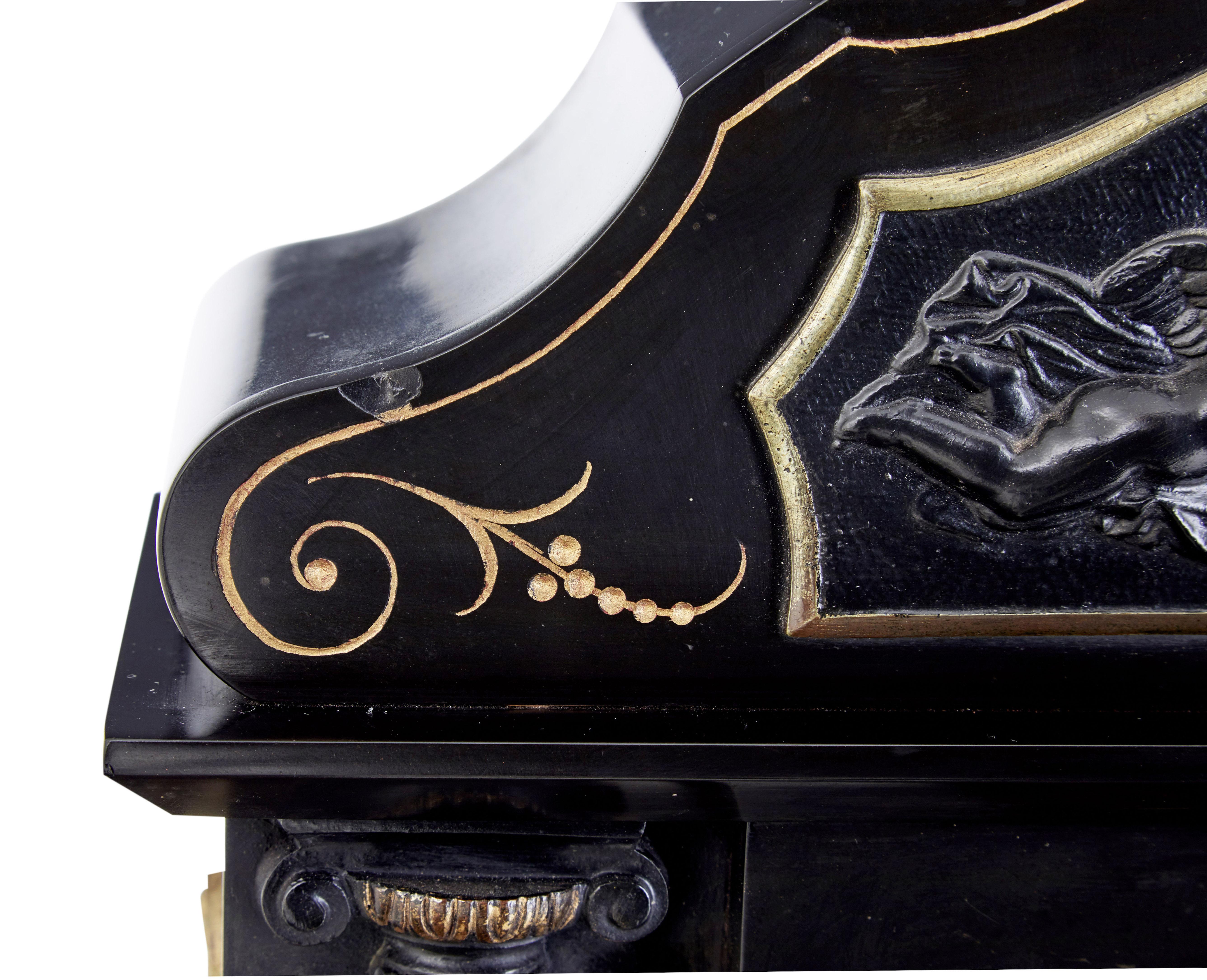 Marble High Victorian inlaid black marble mantel clock For Sale