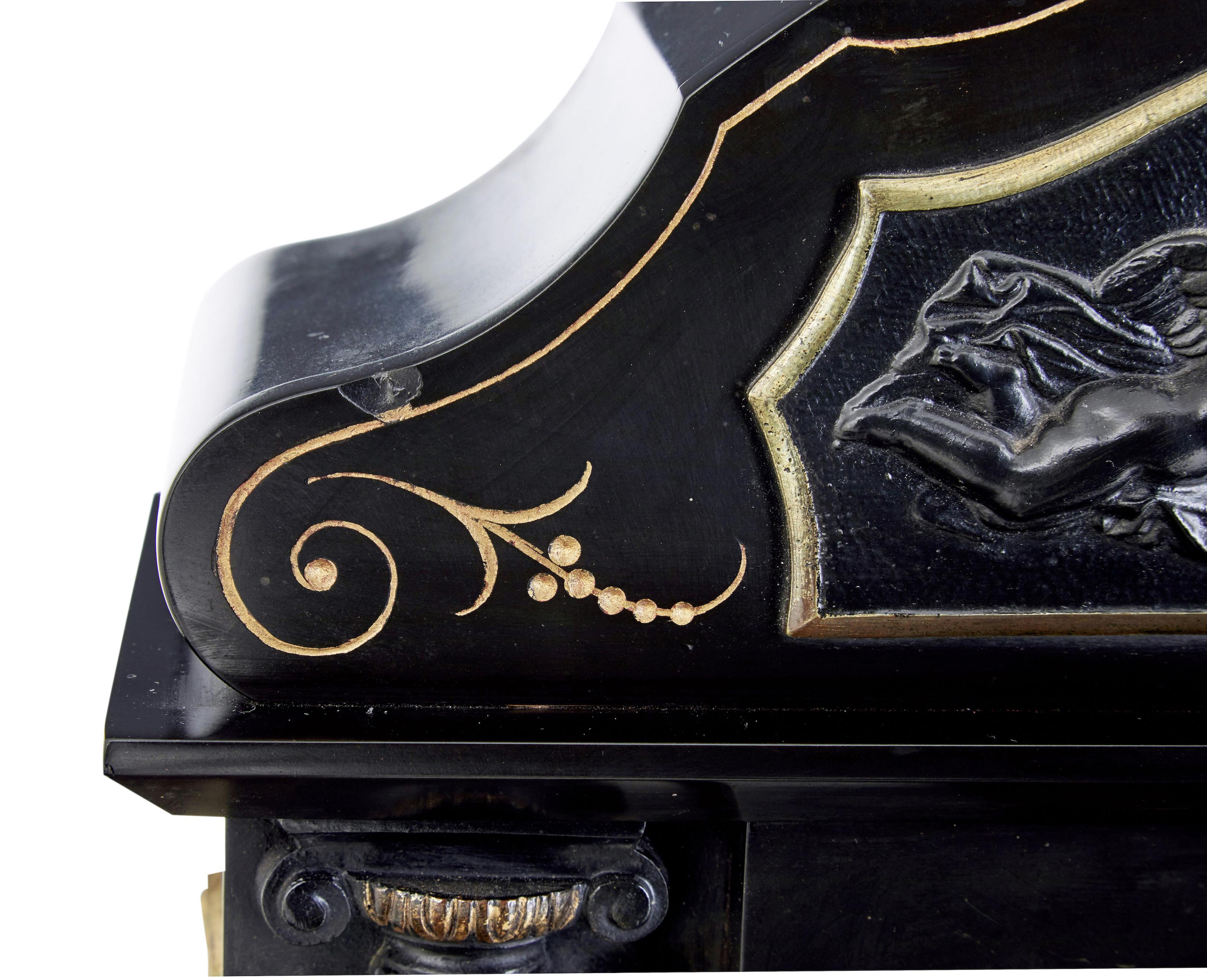 Brass High Victorian inlaid black marble mantel clock For Sale