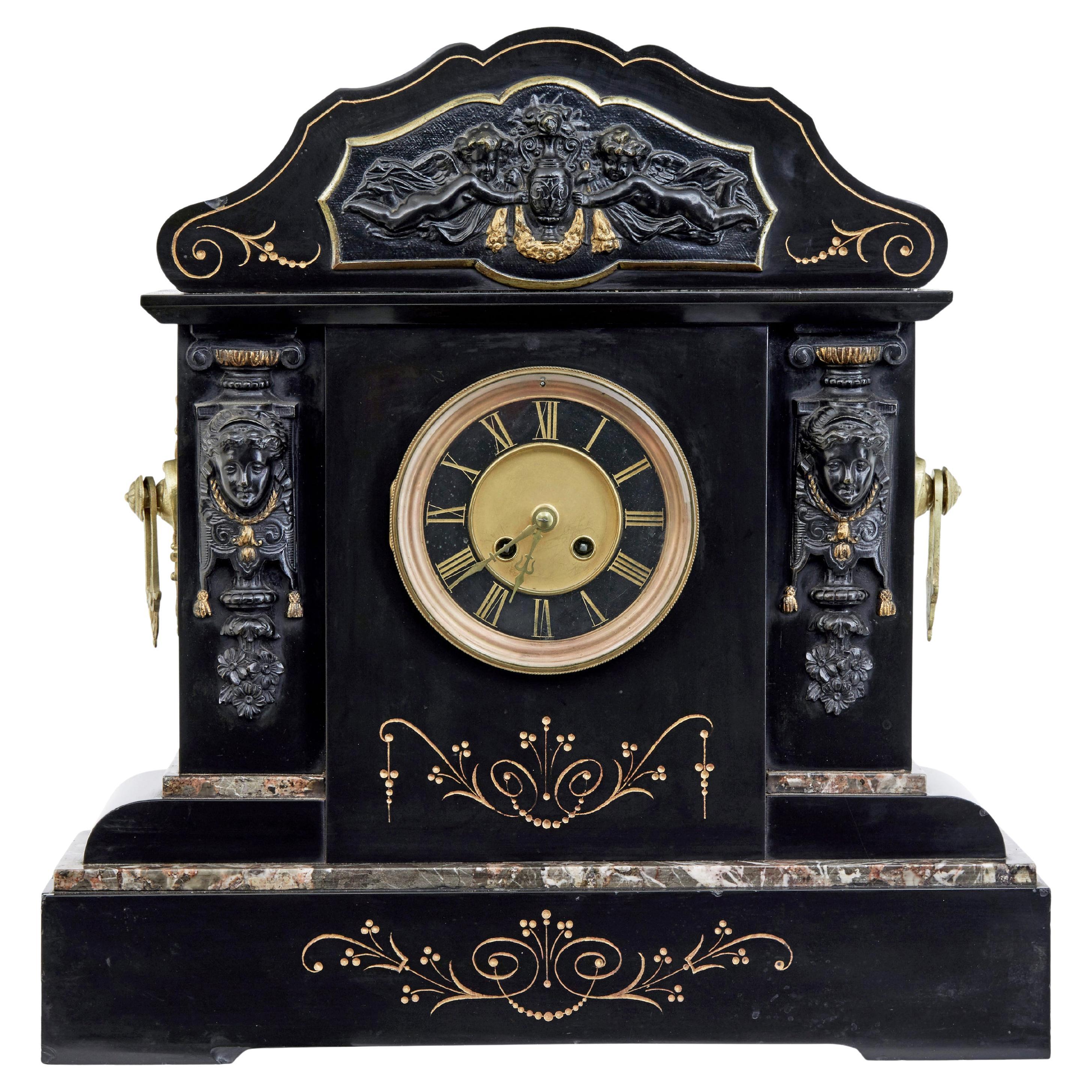 High Victorian inlaid black marble mantel clock