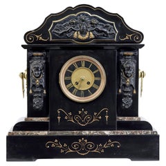 Antique High Victorian inlaid black marble mantel clock