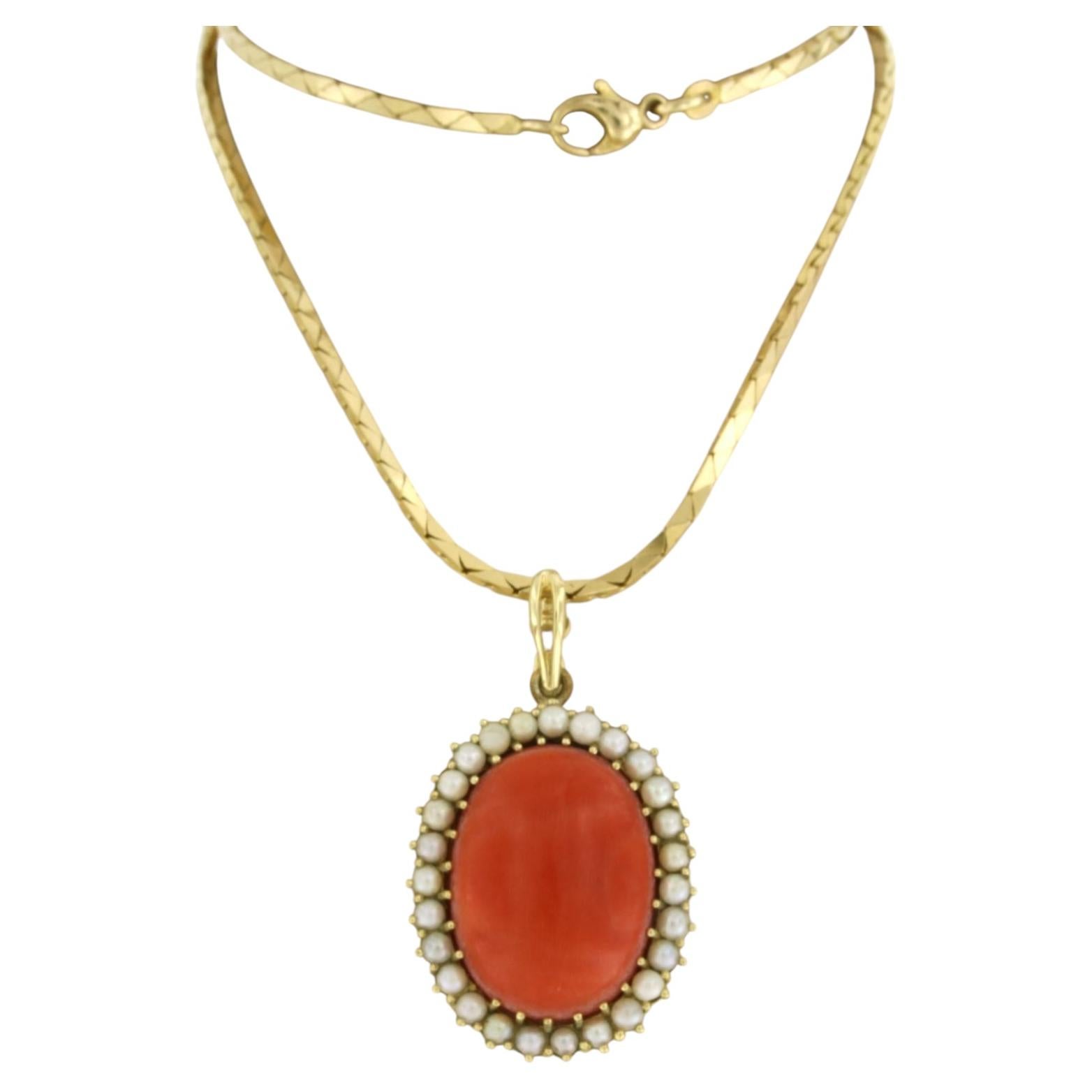 HIGH VICTORIAN Necklace and pendant with Coral and pearls 14k gold - 20.5 grams