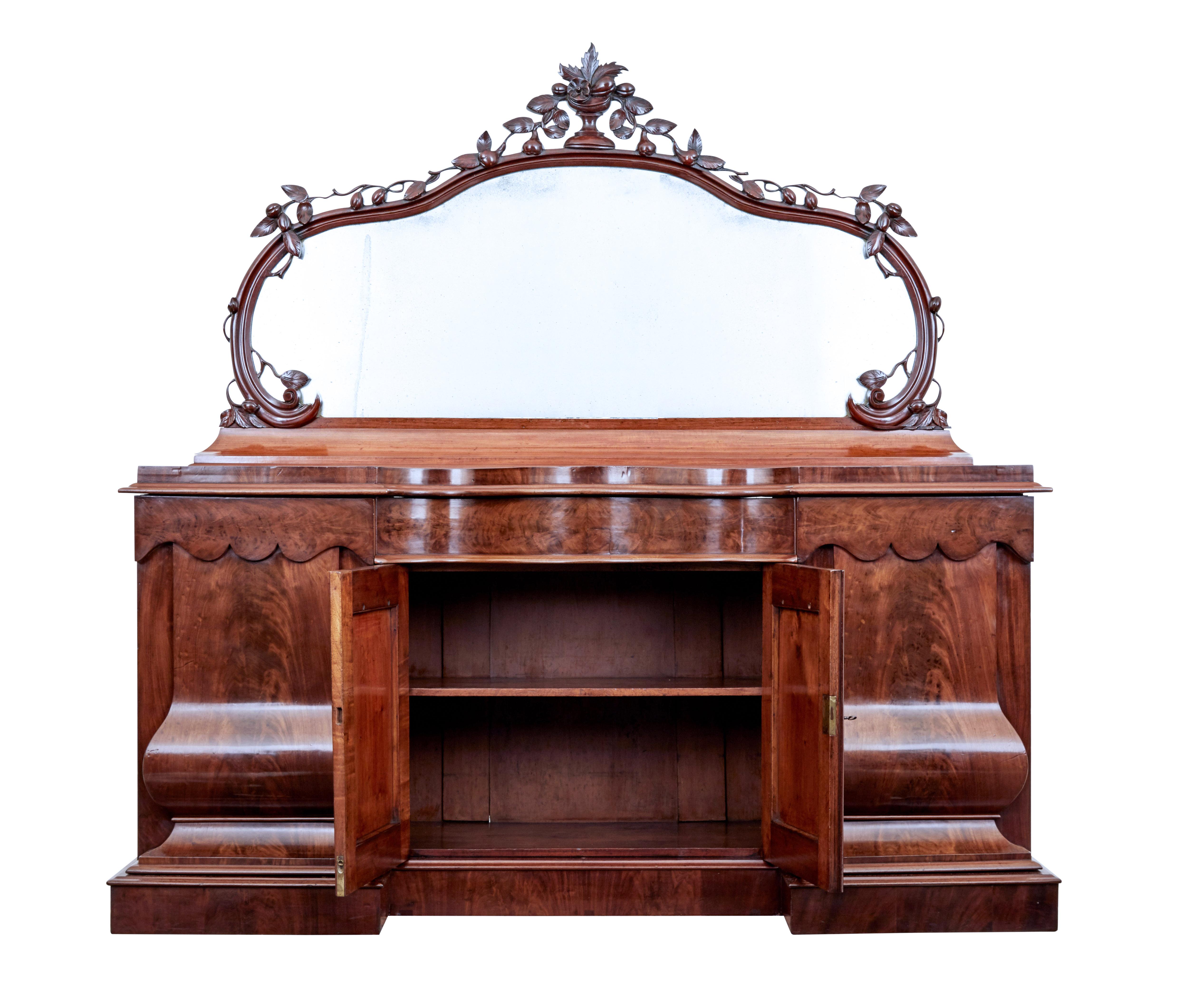 English High Victorian Shaped Flame Mahogany Mirror Topped Sideboard