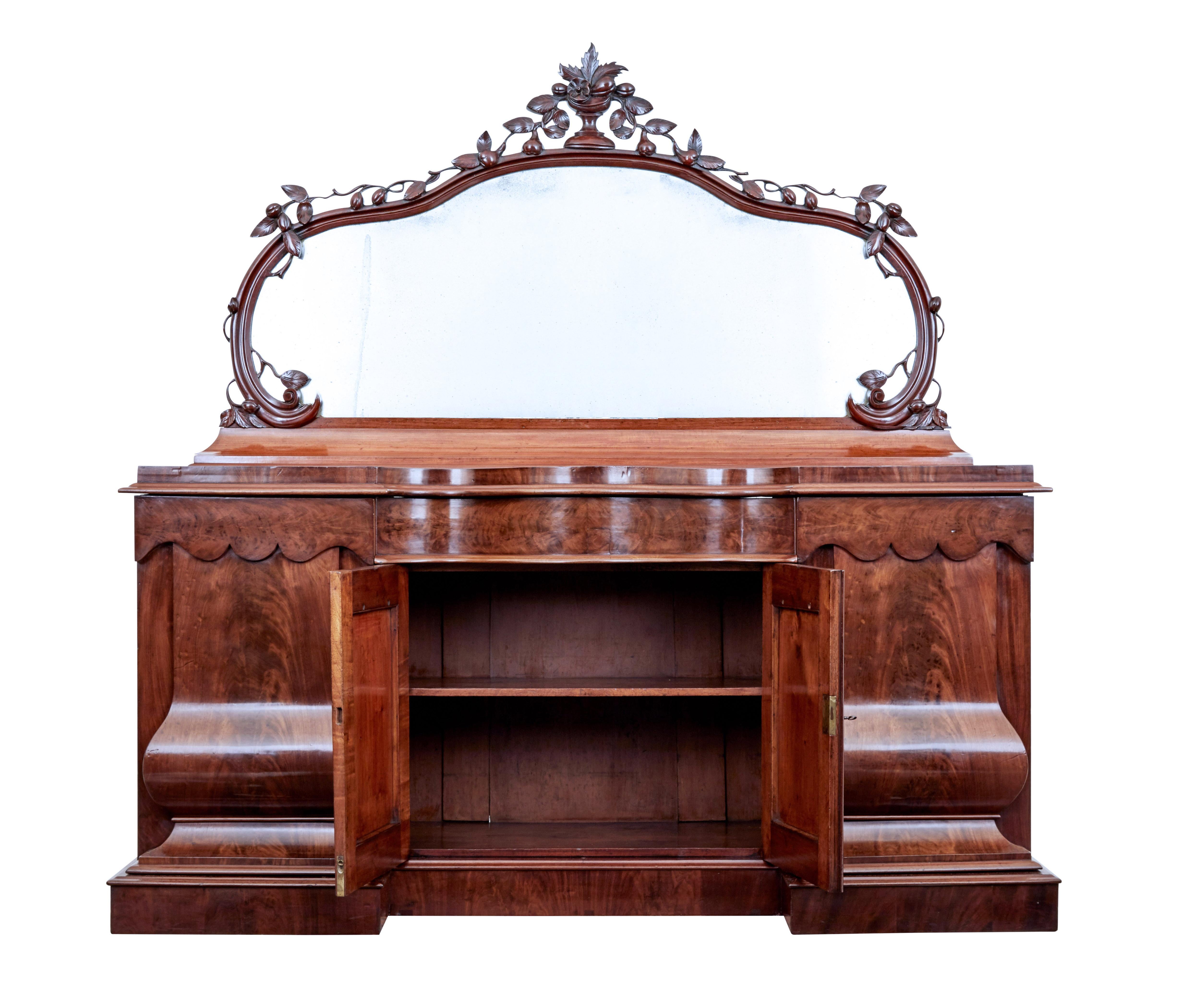 English High Victorian Shaped Flame Mahogany Mirror Topped Sideboard