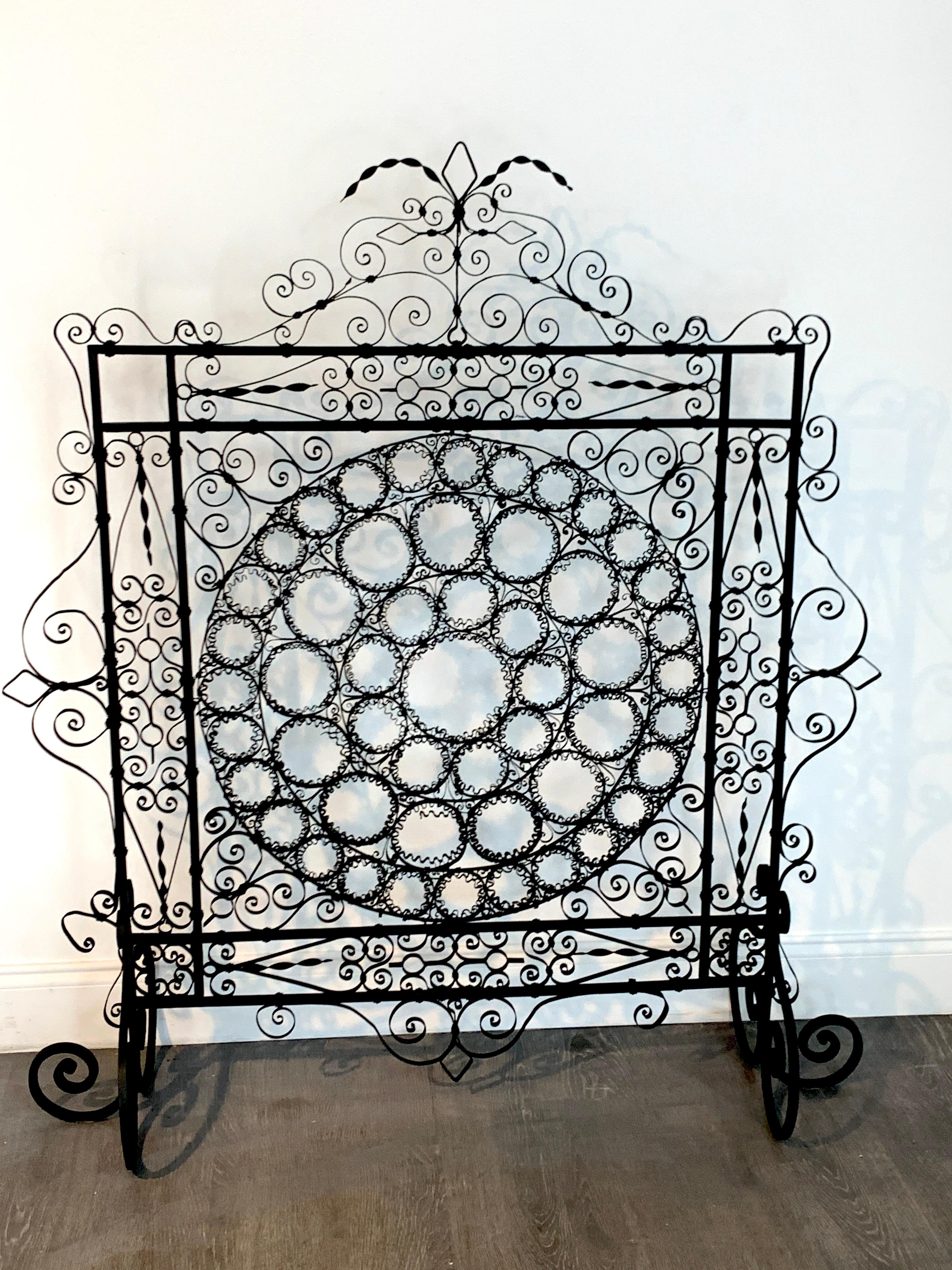 American High Victorian Wrought Iron Wire Work Medallion Fires Screen For Sale