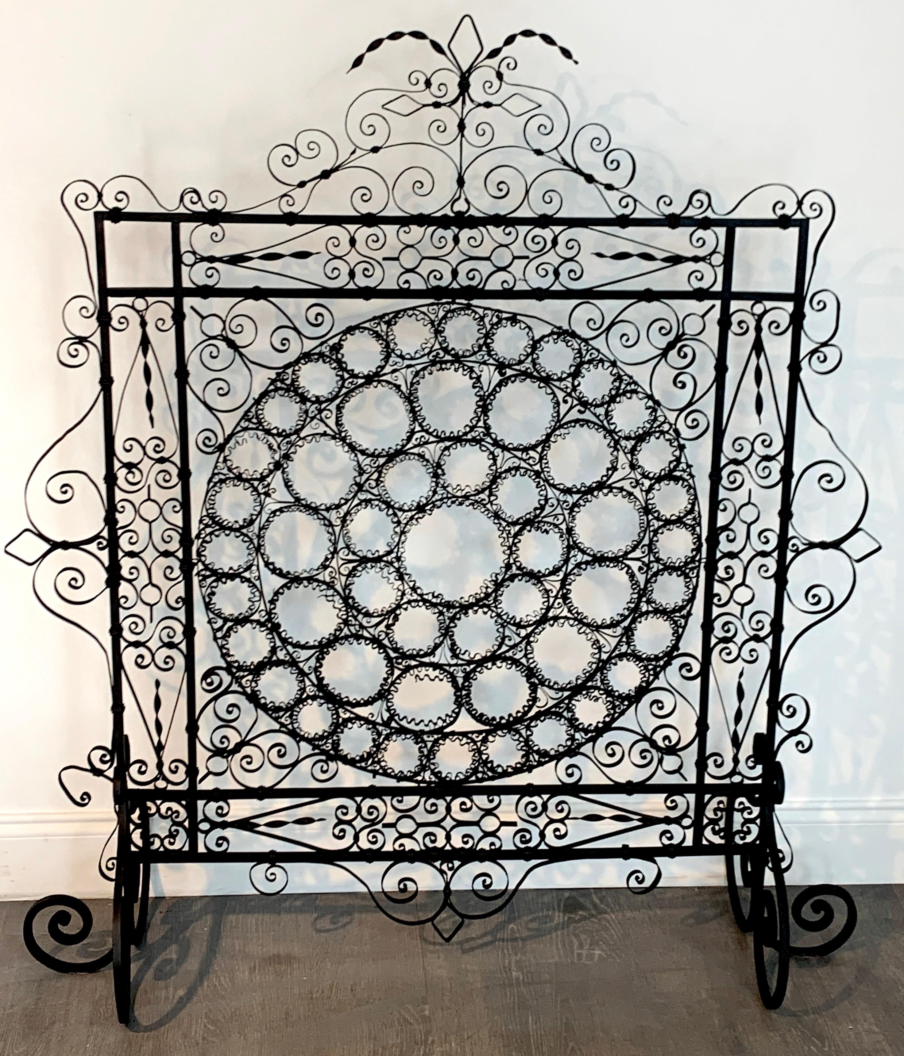 Forged High Victorian Wrought Iron Wire Work Medallion Fires Screen For Sale