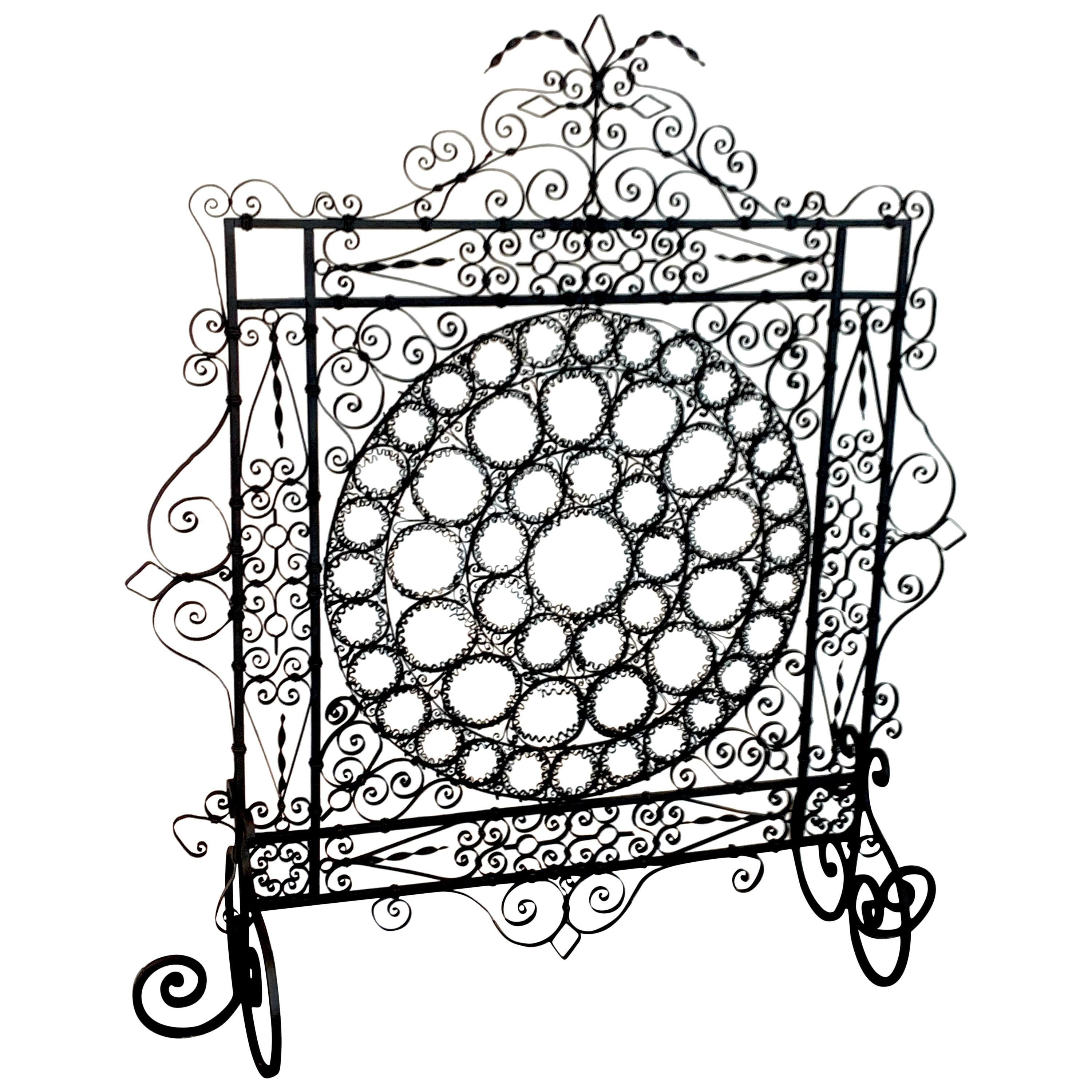 High Victorian Wrought Iron Wire Work Medallion Fires Screen