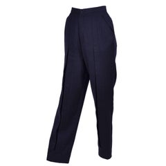 High Waist 1980s Issey Miyake Pants w Inverted Pleats in Navy Blue Micro Dot