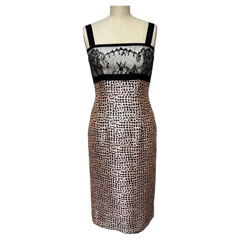 Polkadot Dress In Coral Black And White With Lace Bodice Trimmed In Grosgrain
