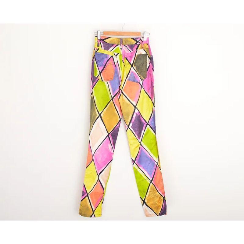 Beige High waisted Vintage Moschino 1990's Harlequin Print Colourful Pattern Trousers For Sale