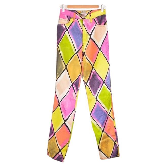 High waisted Vintage Moschino 1990's Harlequin Print Colourful Pattern Trousers For Sale