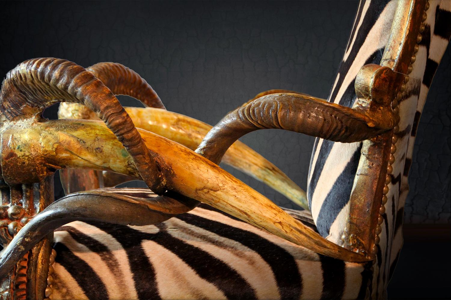 French High Zebra Throne with Two Natural Zebra Skins
