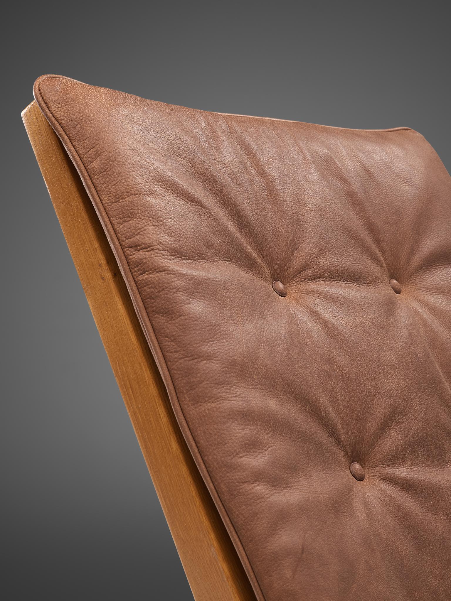Highback Armchairs in Oak with Reupholstered Cognac Leather Cushion 2