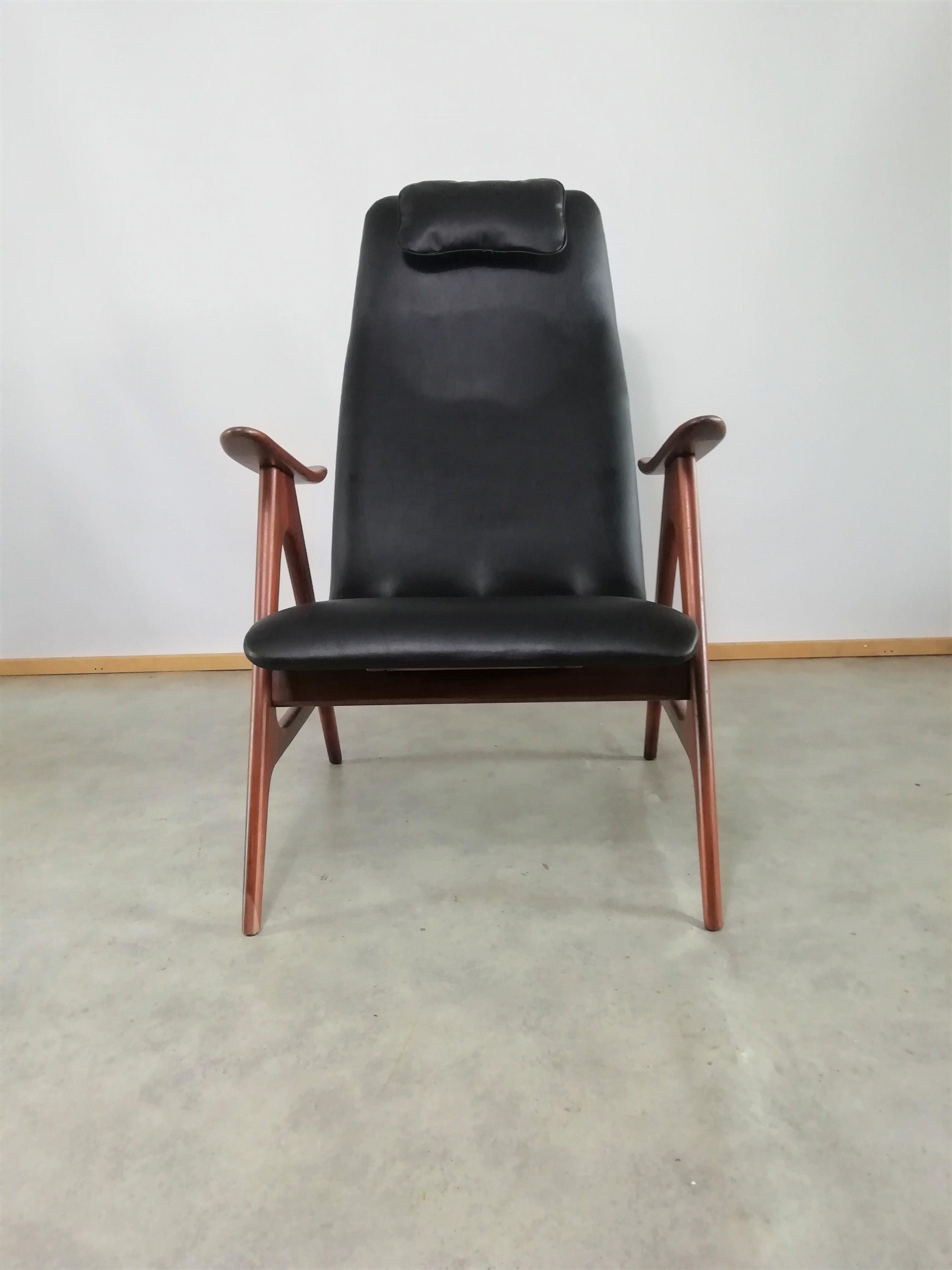 Very special, unique armchair designed by Louis Van Teeffelen, one of the most loved Dutch designers. It’s fantastic teak frame and high back make together very elegant line. Frame is restored. Armchair is reupholstered with high quality Italian