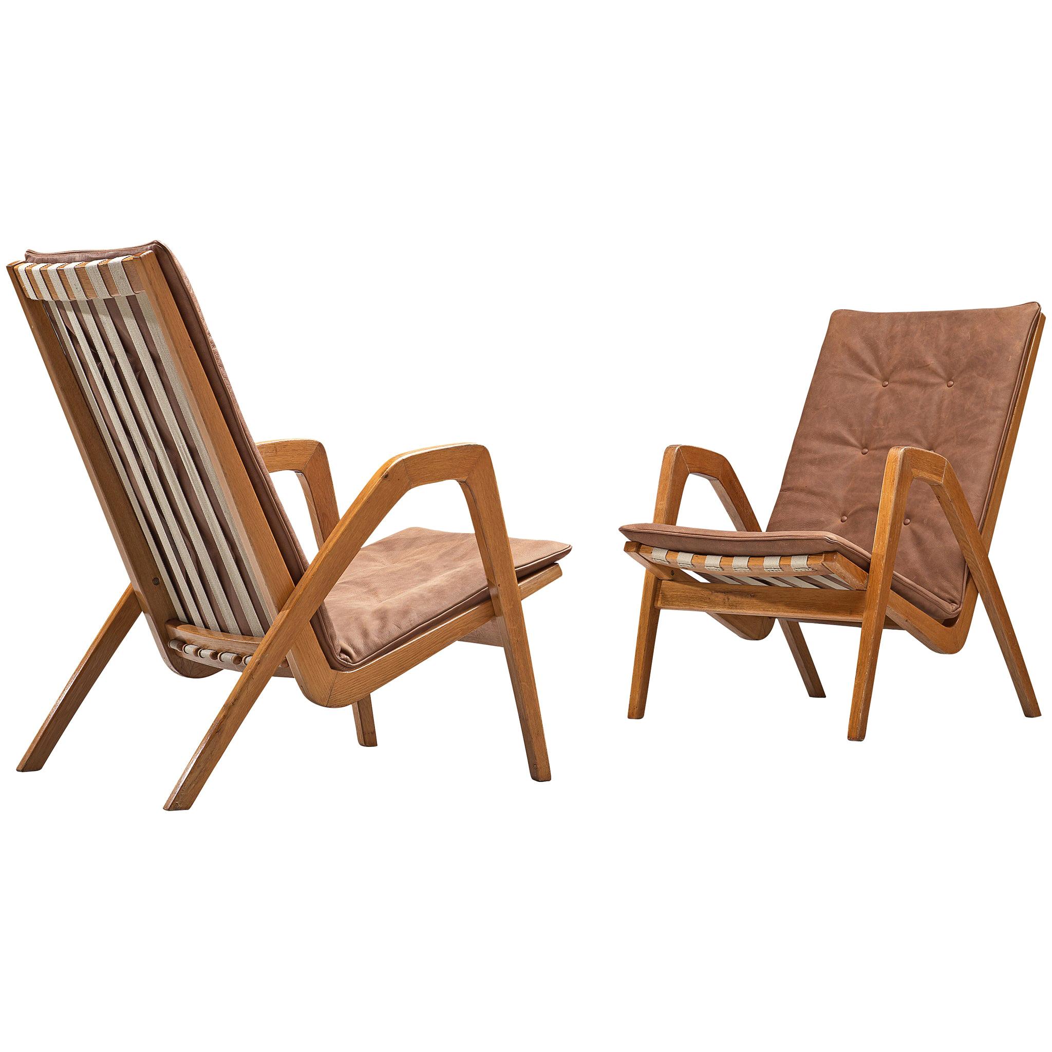Highback Armchairs in Oak with Reupholstered Cognac Leather Cushion