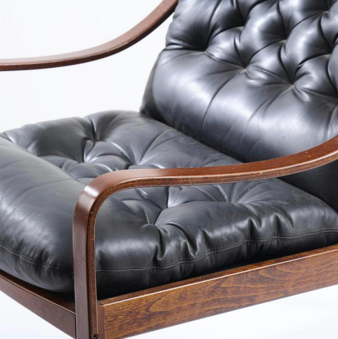 Mid-20th Century Highback Black Leather Armchair by Fredrik Kayser for Vatne, Norway, 1960s For Sale