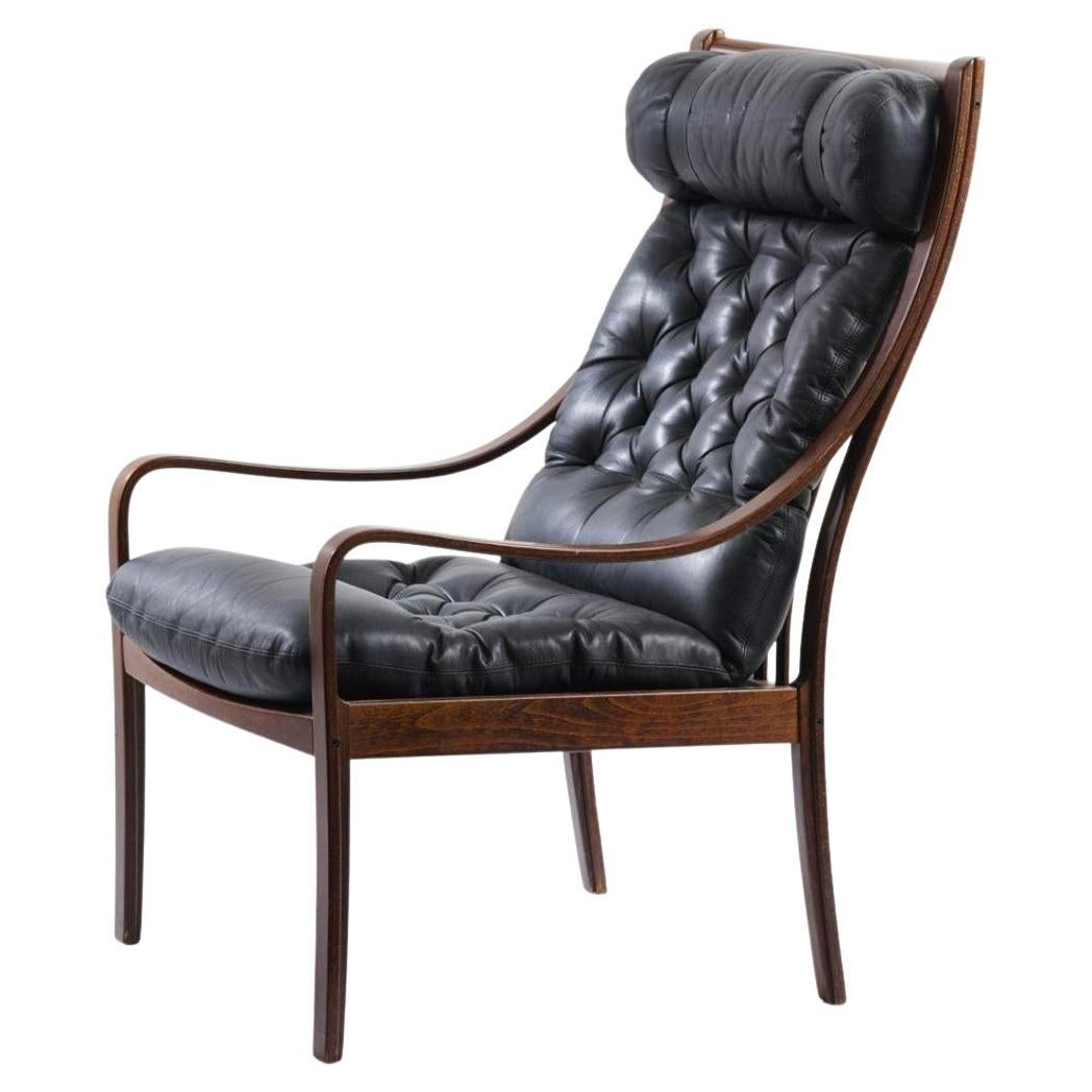 Highback Black Leather Armchair by Fredrik Kayser for Vatne, Norway, 1960s For Sale
