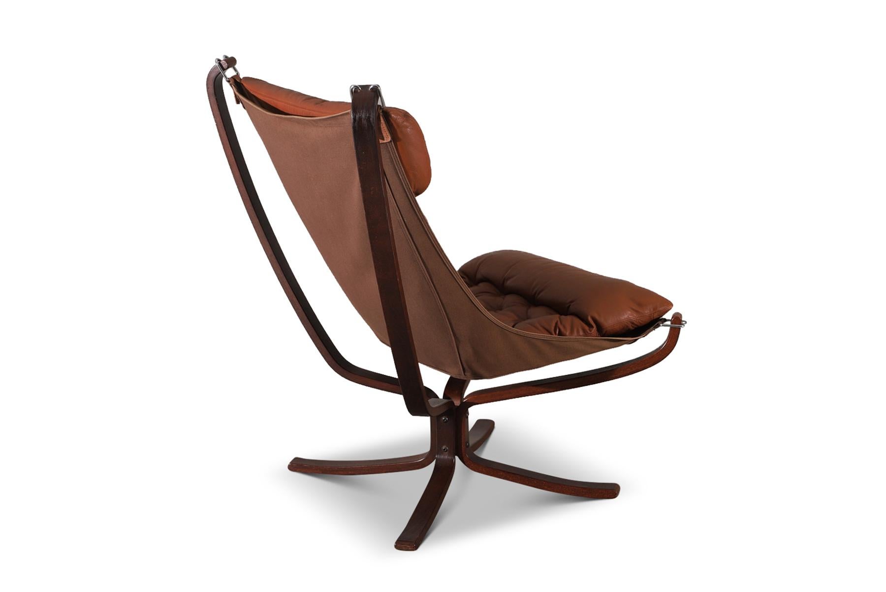 Mid-Century Modern Highback Falcon Chair in Cognac Leather