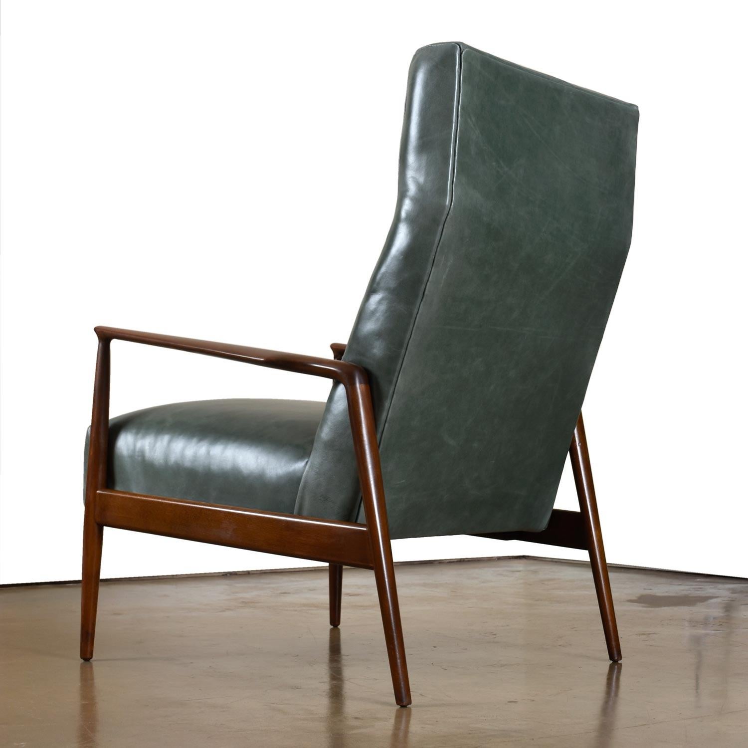Mid-Century Modern Highback Green Leather Ib Kofod-Larsen Sculpted Blade Arm Lounge Chair for Selig