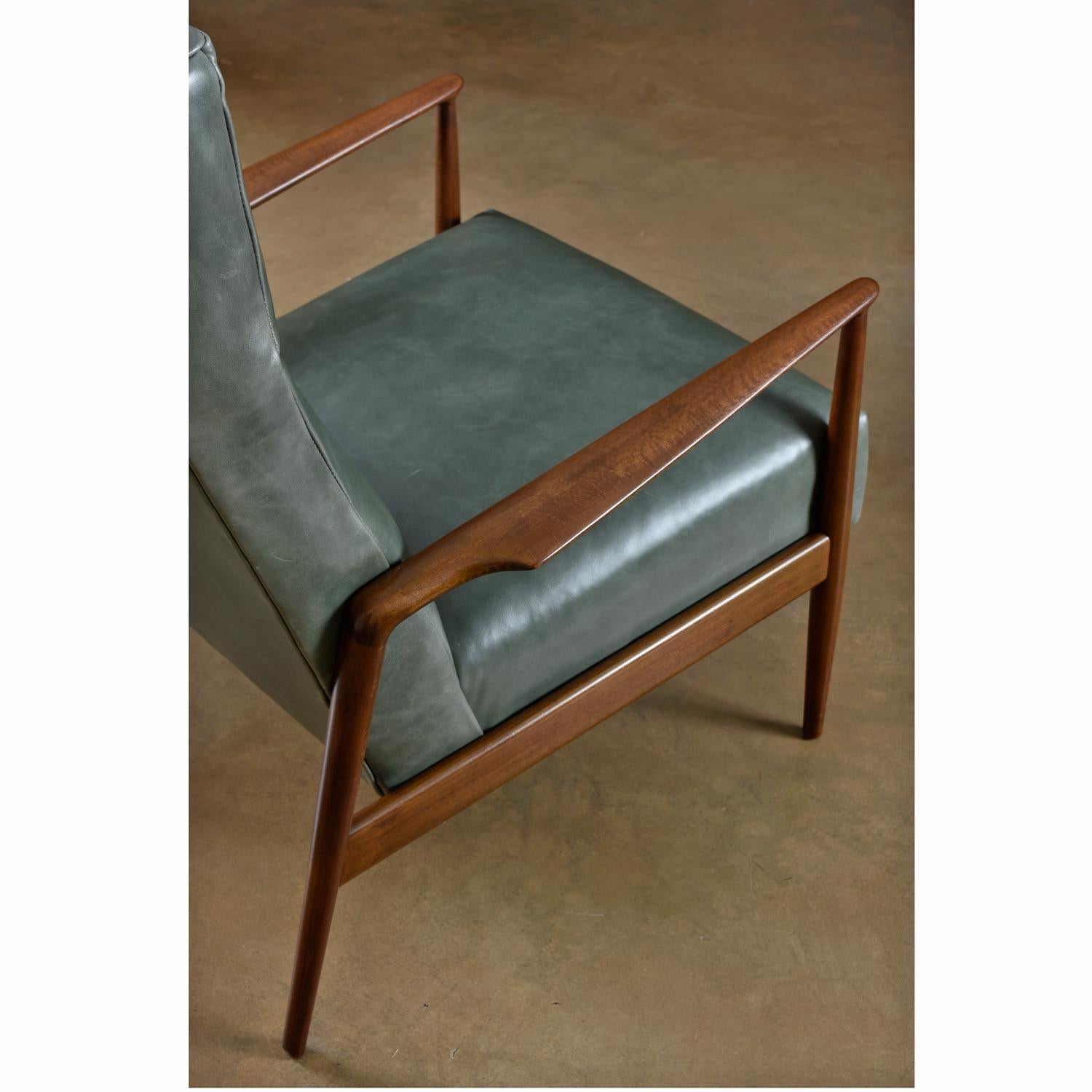 Danish Highback Green Leather Ib Kofod-Larsen Sculpted Blade Arm Lounge Chair for Selig