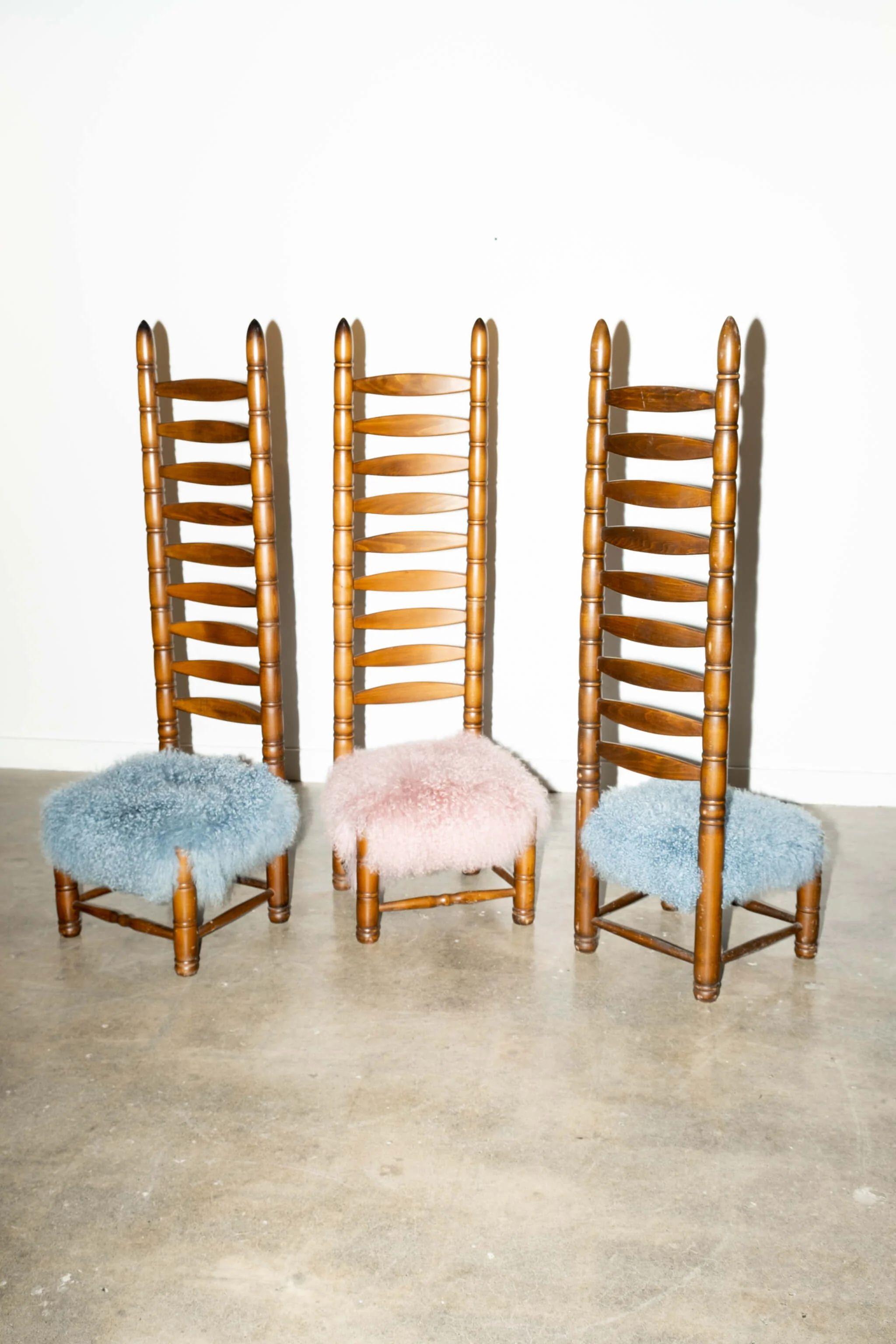 Post-Modern Highback Ladder Chair with Pink Sheepskin Seat