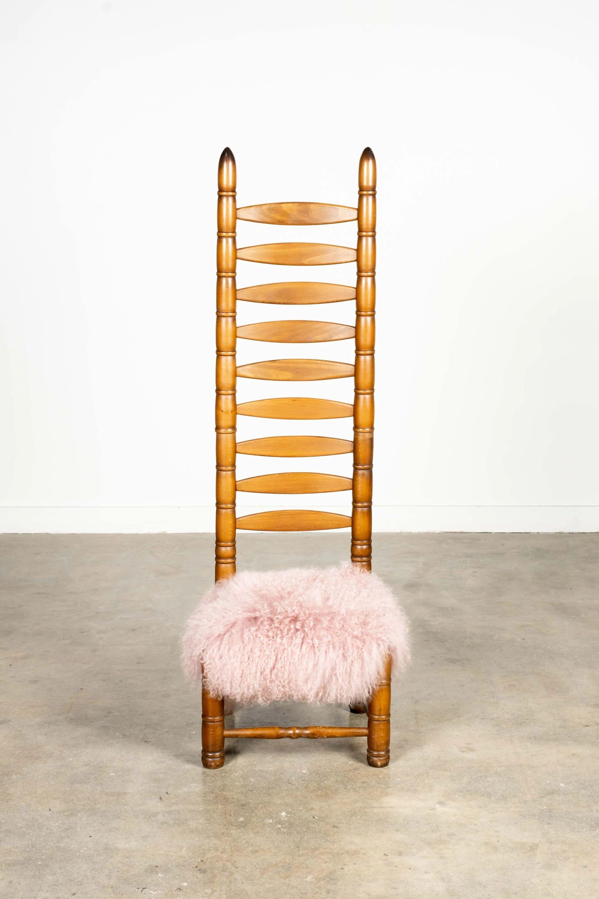Highback Ladder Chair with Pink Sheepskin Seat In Good Condition In Toronto, CA