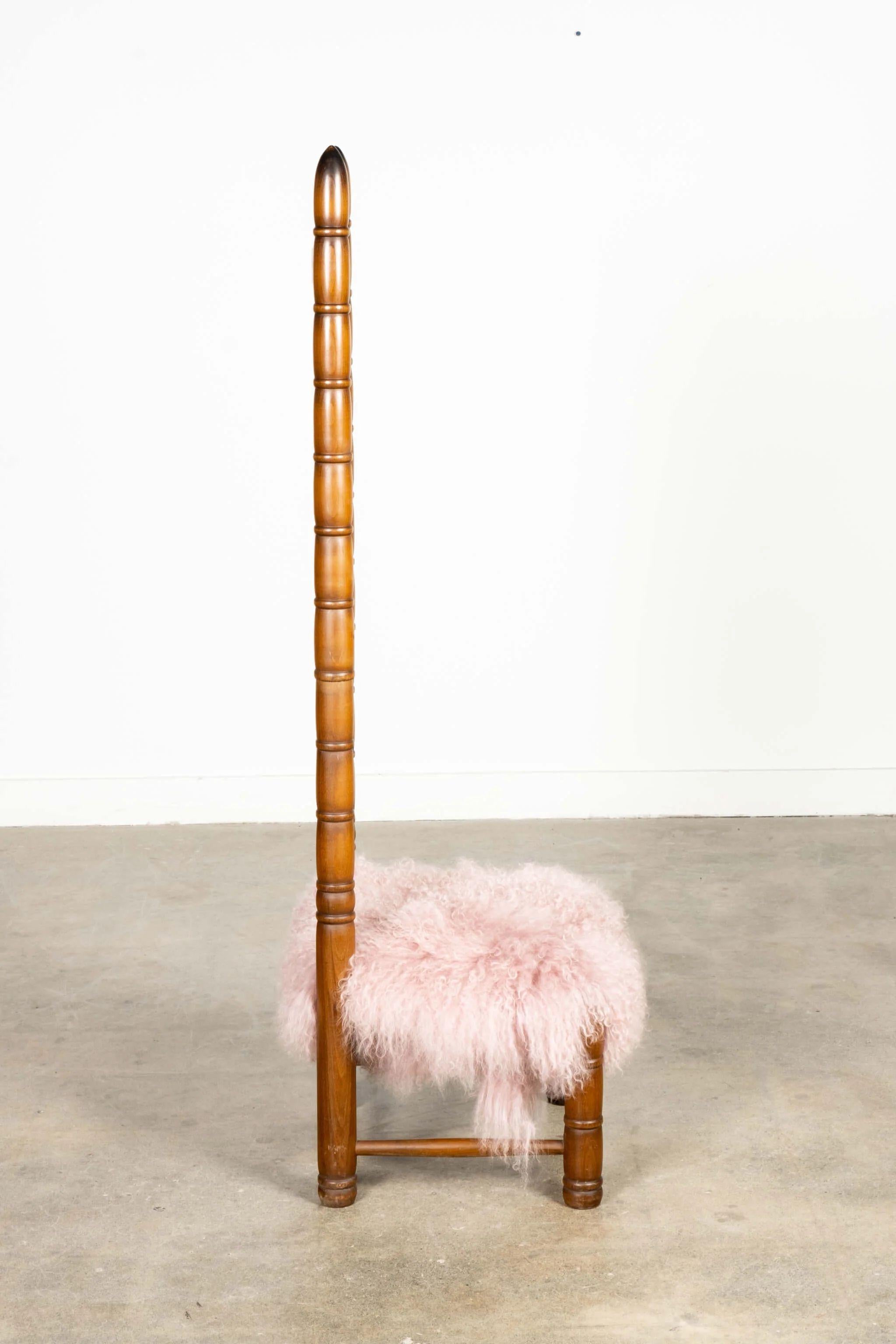 Wood Highback Ladder Chair with Pink Sheepskin Seat