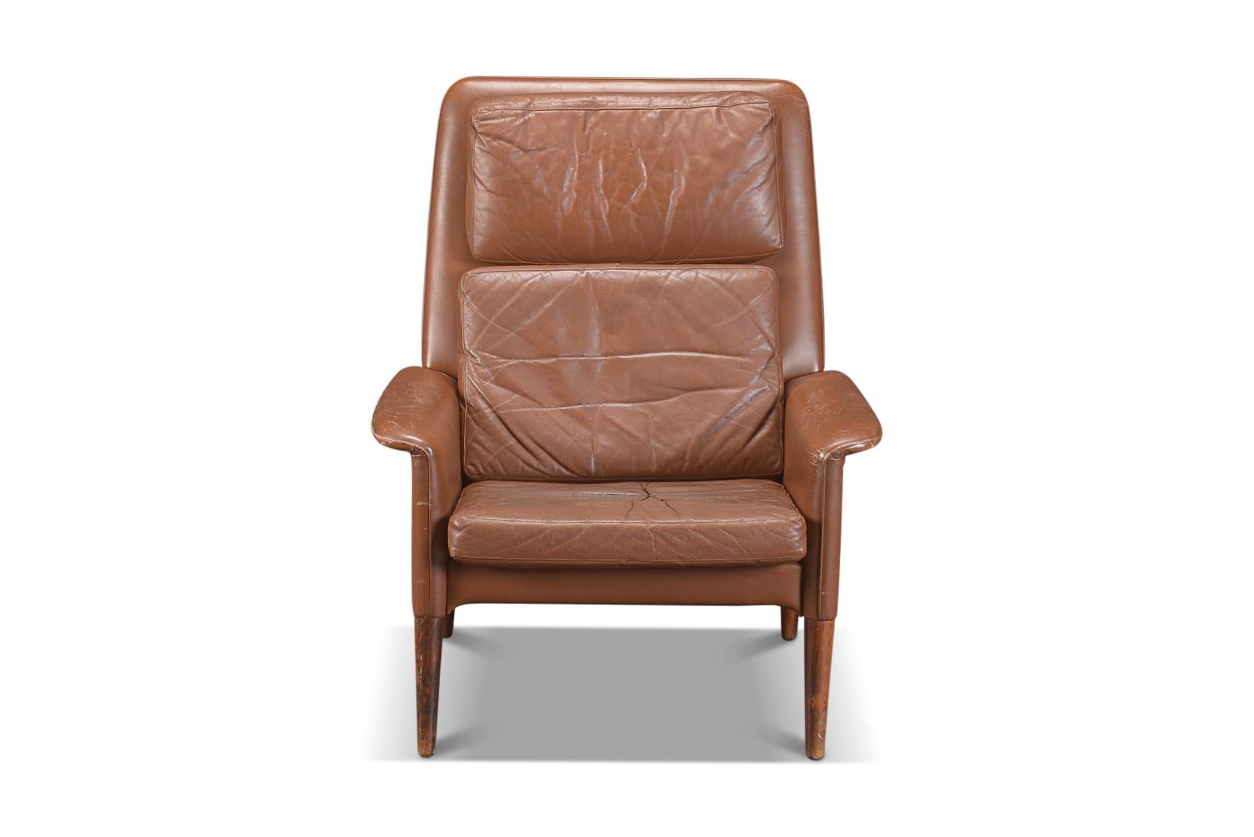 Danish Highback Lounge Chair in Rosewood + Leather For Sale
