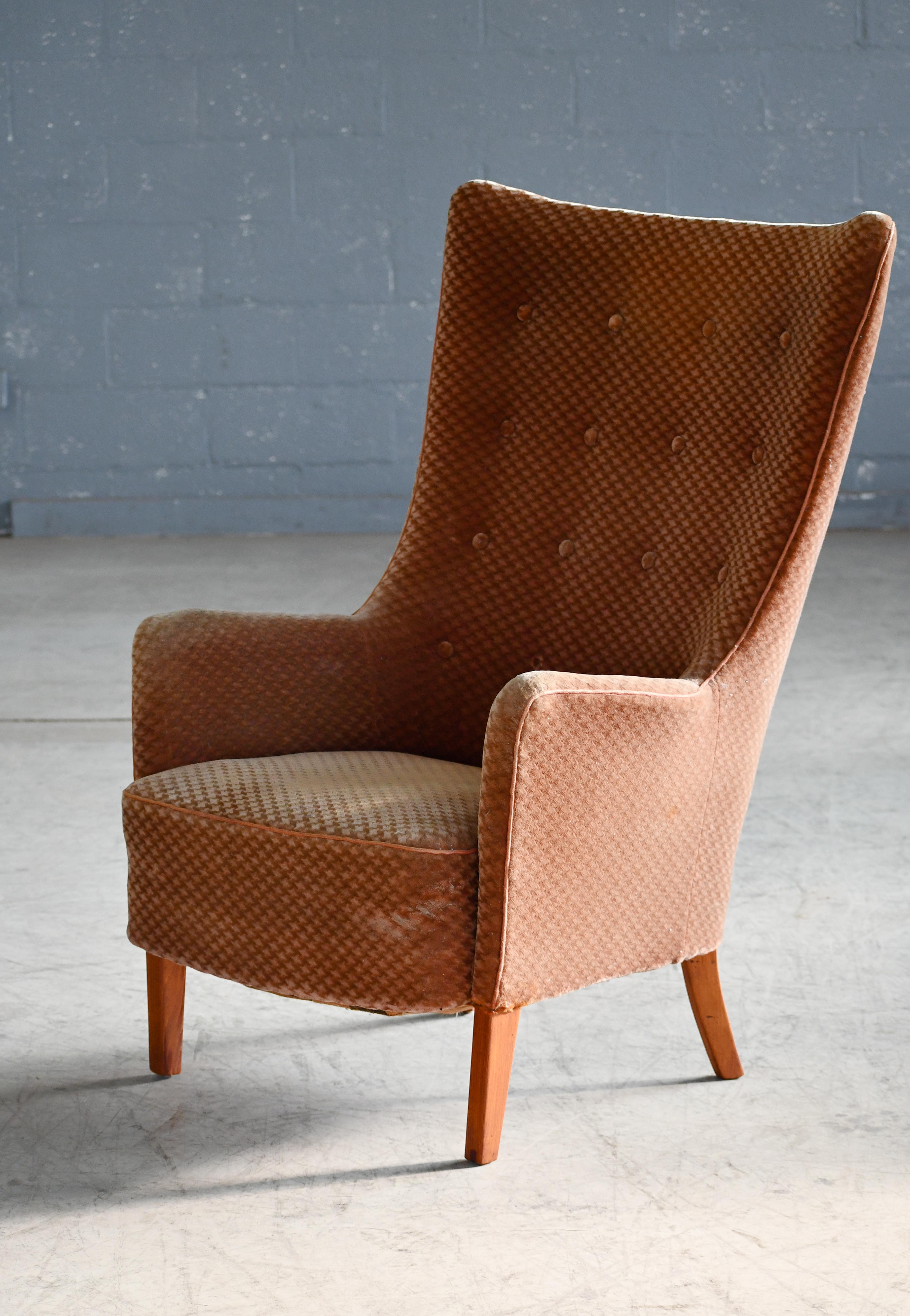 Wool Highback Lounge Chair with Tall Slim Silhouette Denmark 1950 For Sale