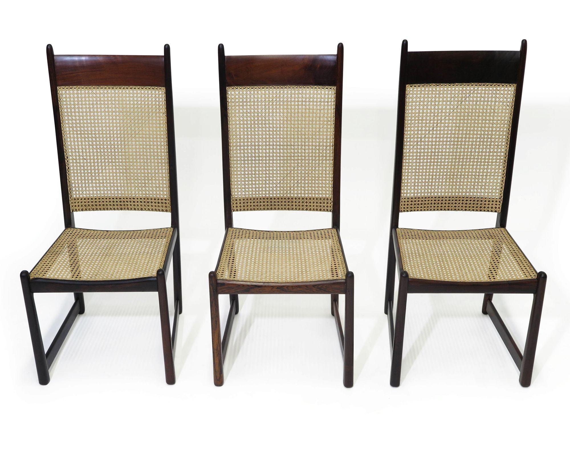Oiled Highback Rosewood and Cane Dining Chairs For Sale