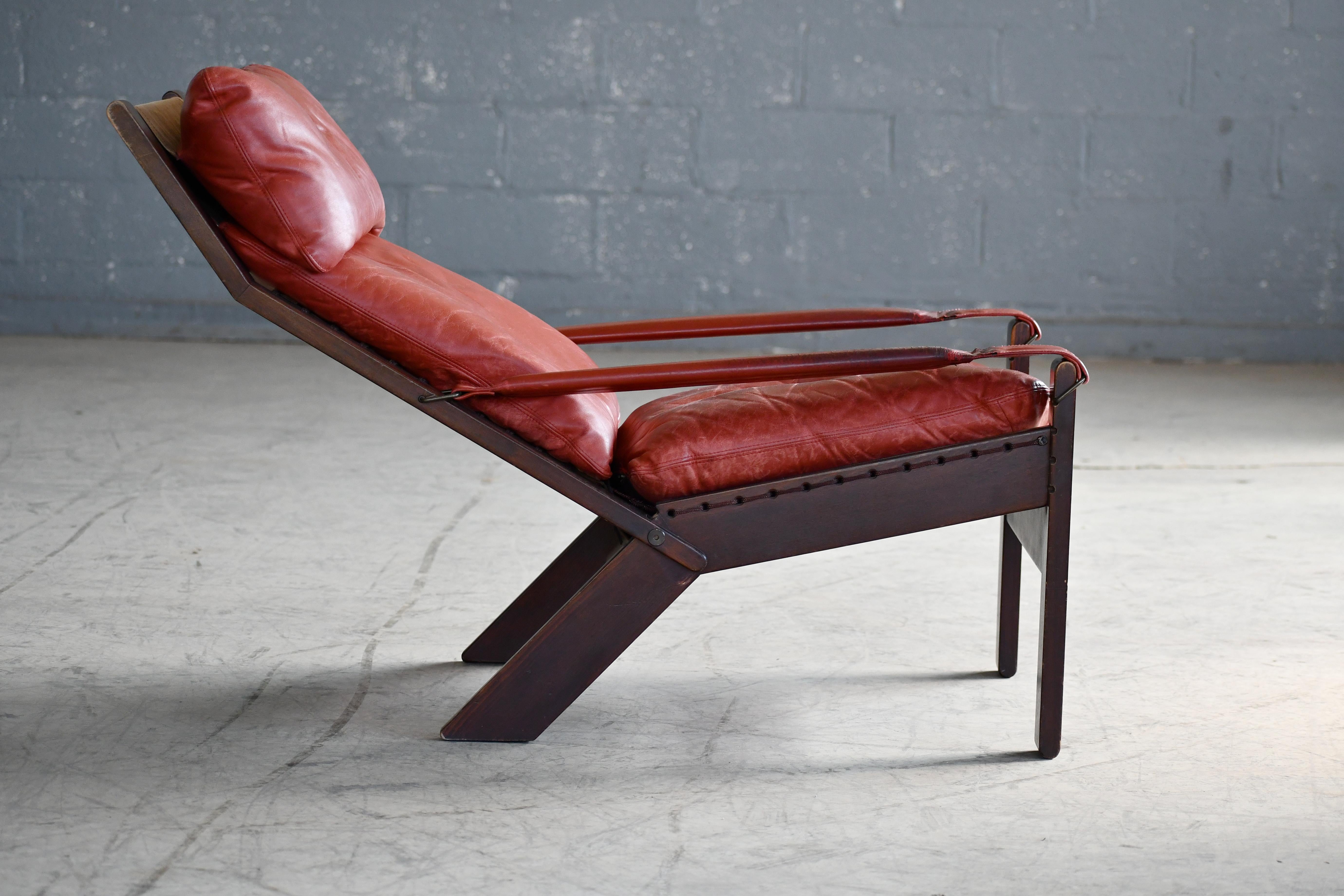 Highback Safari Style Lounge Chair by Torbjorn Afdal in Brick Red Leather 3