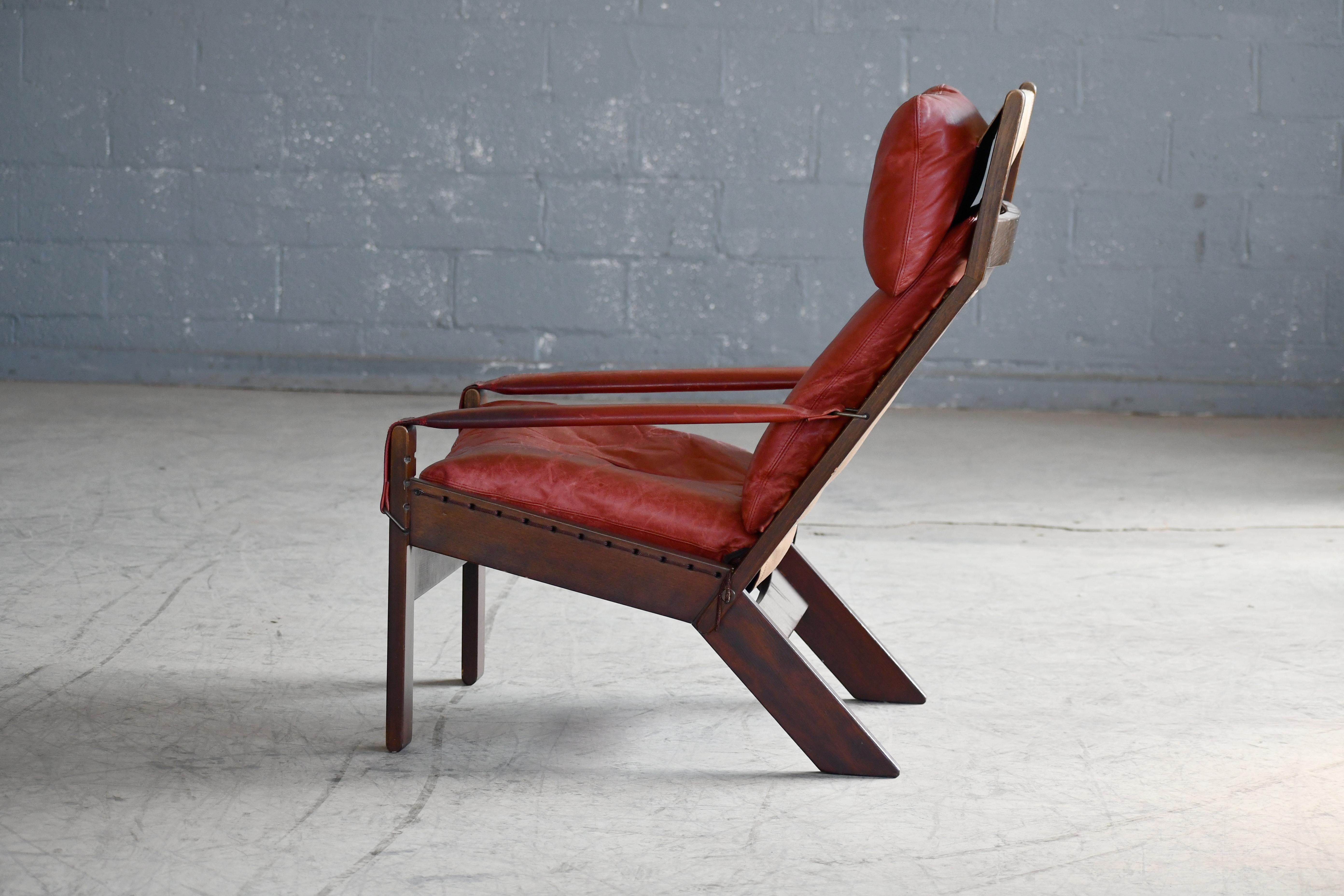 Highback Safari Style Lounge Chair by Torbjorn Afdal in Brick Red Leather 1