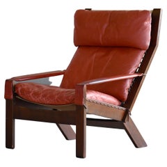 Highback Safari Style Lounge Chair by Torbjorn Afdal in Brick Red Leather