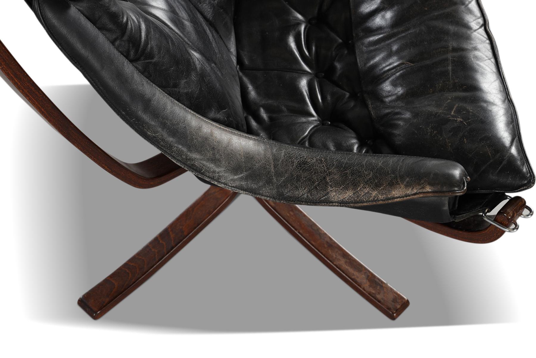 Mid-Century Modern Highback Winged Falcon Chair in Black Leather
