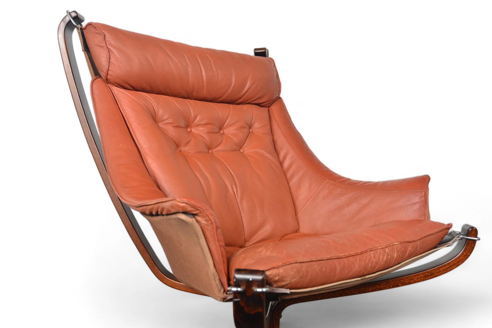 Norwegian Highback Winged Falcon Chair In Rust Leather For Sale