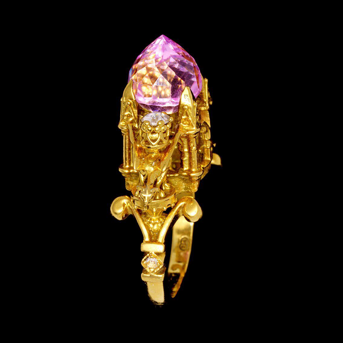 Higher Divinity Cathedral Ring in 18 Karat Yellow Gold with Kunzite and Diamonds For Sale 1