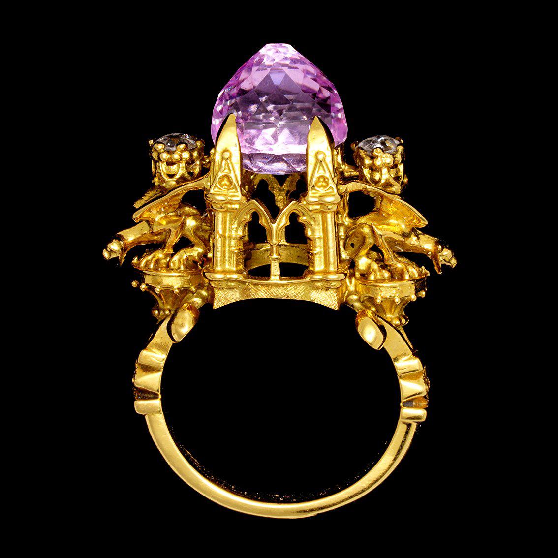 Higher Divinity Cathedral Ring in 18 Karat Yellow Gold with Kunzite and Diamonds For Sale 2