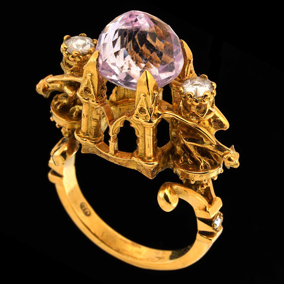 Higher Divinity Cathedral Ring in 18 Karat Yellow Gold with Kunzite and Diamonds For Sale 3