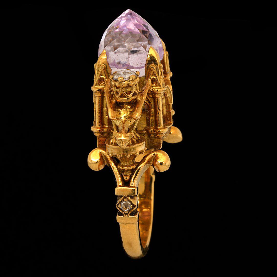 Higher Divinity Cathedral Ring in 18 Karat Yellow Gold with Kunzite and Diamonds For Sale 4
