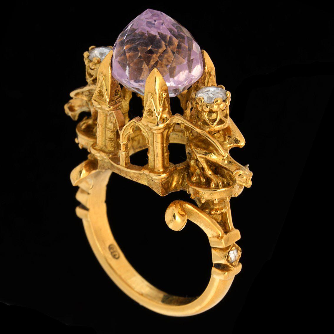 Higher Divinity Cathedral Ring in 18 Karat Yellow Gold with Kunzite and Diamonds For Sale 5