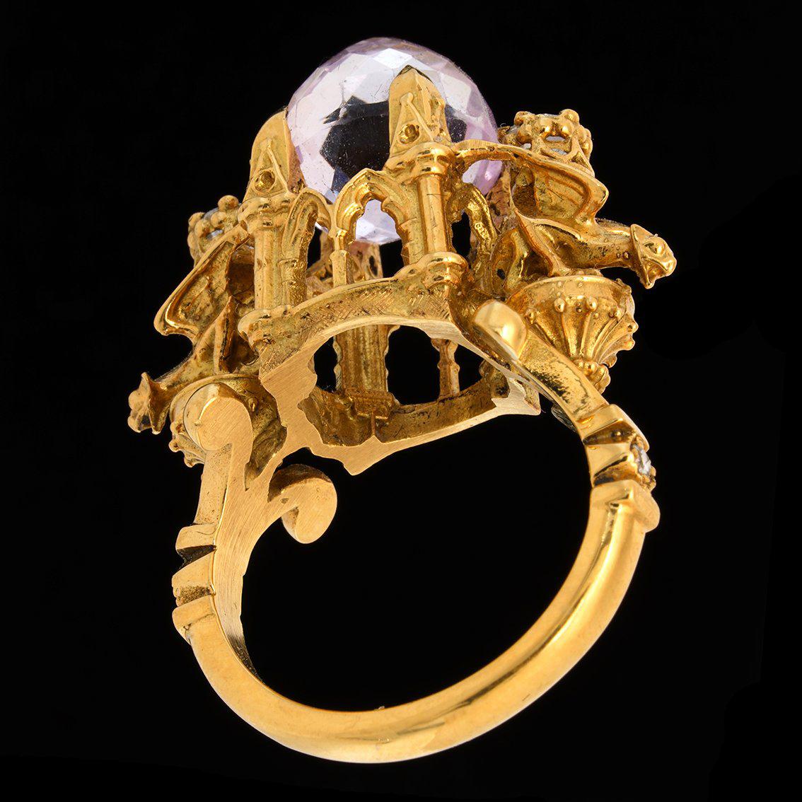 Higher Divinity Cathedral Ring in 18 Karat Yellow Gold with Kunzite and Diamonds For Sale 6