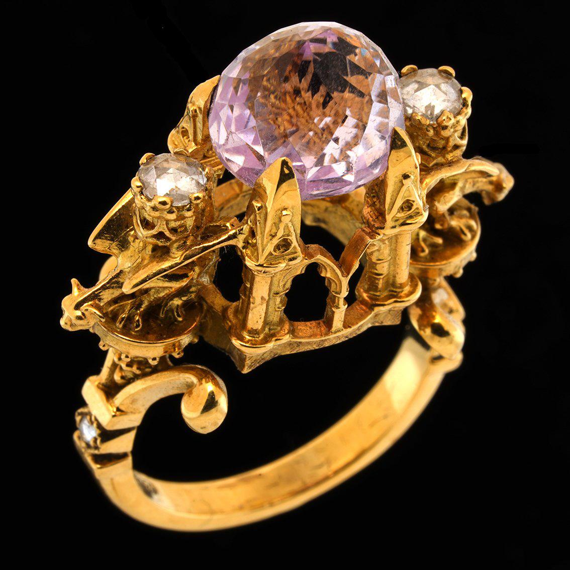Higher Divinity Cathedral Ring in 18 Karat Yellow Gold with Kunzite and Diamonds For Sale 7