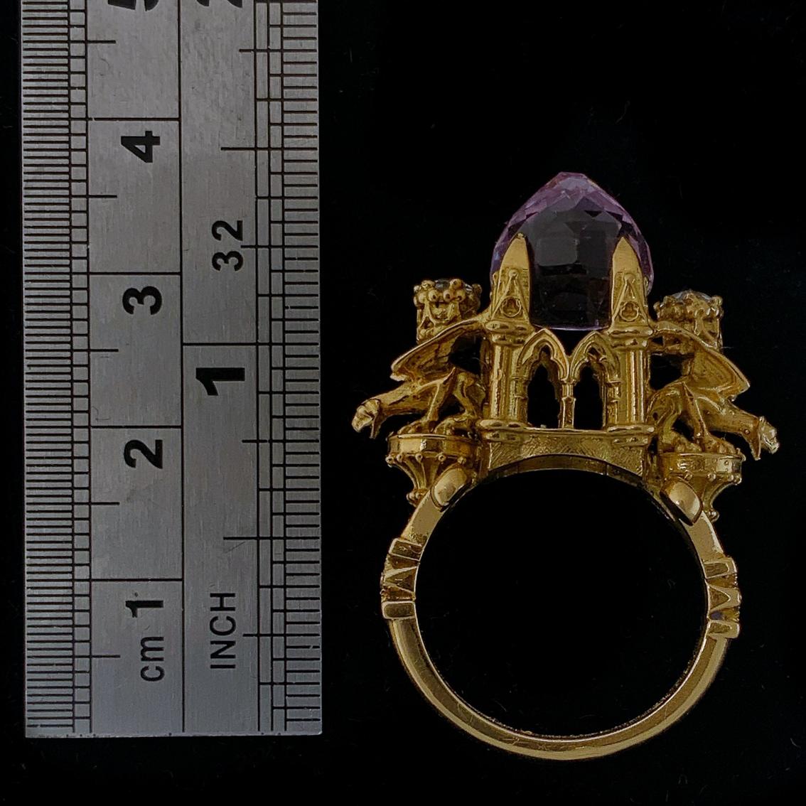 Higher Divinity Cathedral Ring in 18 Karat Yellow Gold with Kunzite and Diamonds For Sale 8