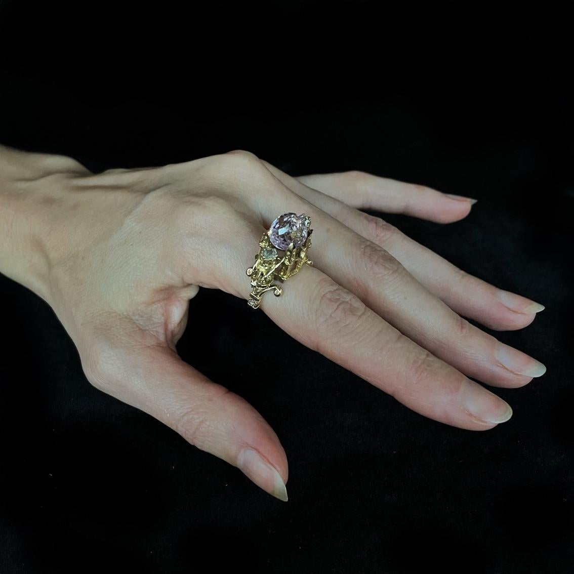 Gothic Revival Higher Divinity Cathedral Ring in 18 Karat Yellow Gold with Kunzite and Diamonds For Sale