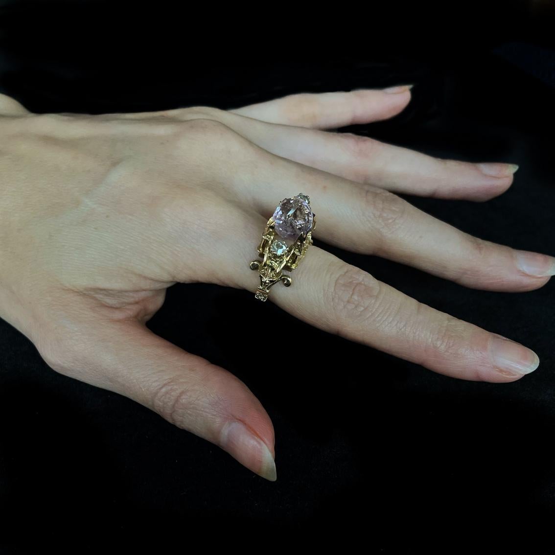 Higher Divinity Cathedral Ring in 18 Karat Yellow Gold with Kunzite and Diamonds In New Condition For Sale In Melbourne, Vic