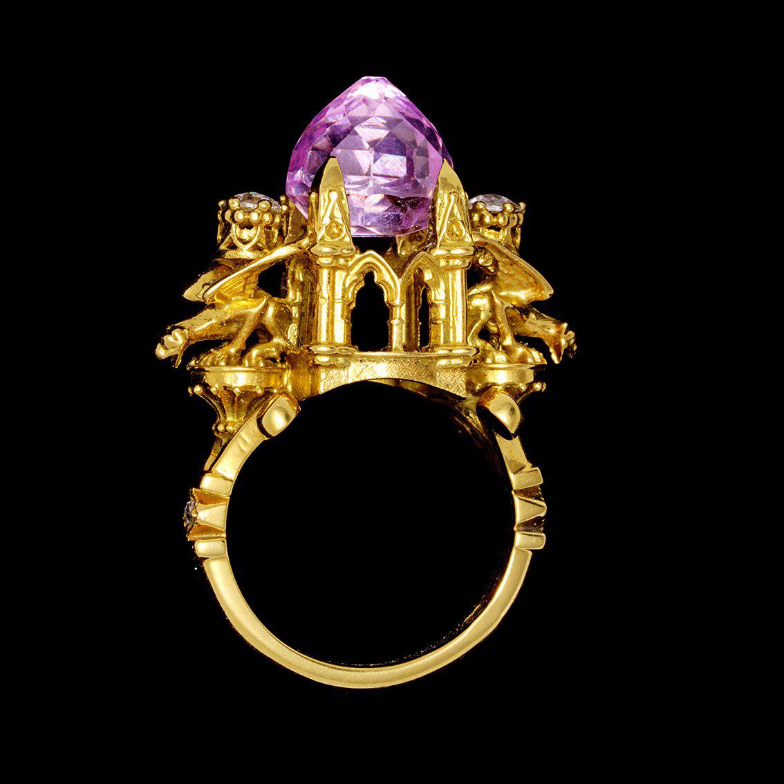 Women's Higher Divinity Cathedral Ring in 18 Karat Yellow Gold with Kunzite and Diamonds For Sale