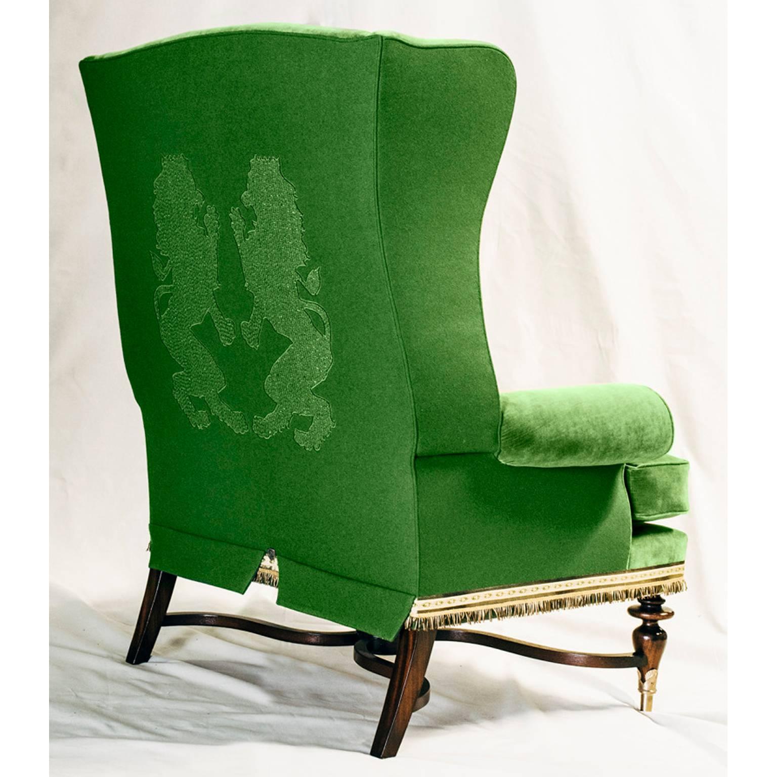The highland chair collection inspiration by a gentleman’s study set within a manor house on the Isle of Skye. Our one of a kind highland wing chair with its exposed wood carved legs and struts encased in bronze ferrules hand crafted in Providence,