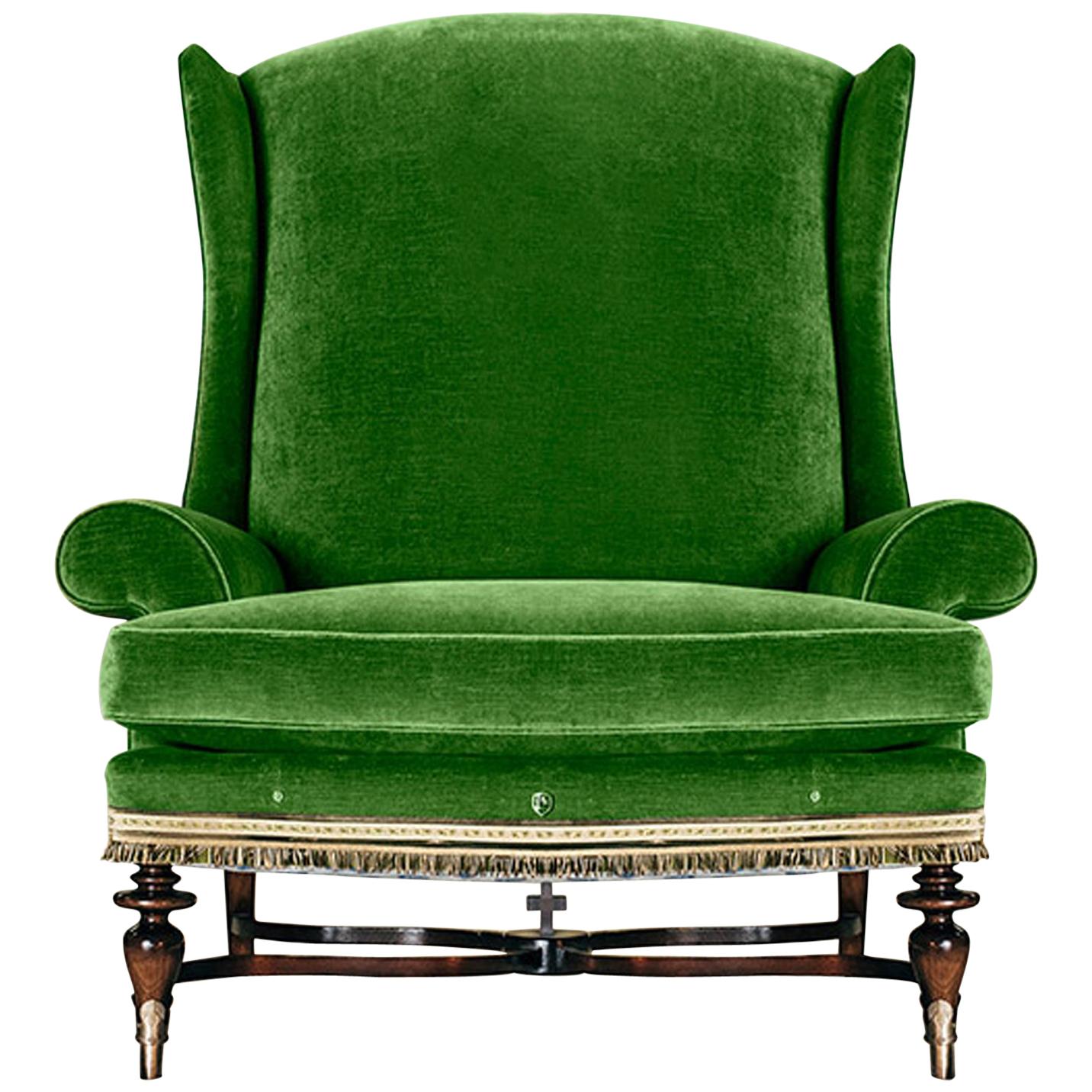 Highland Armchair, a green velvet & wool embroidery bronze Mahogany Lounge chair For Sale