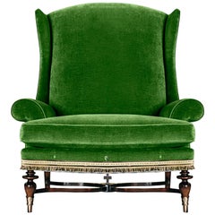 Antique Highland Armchair, a green velvet & wool embroidery bronze Mahogany Lounge chair