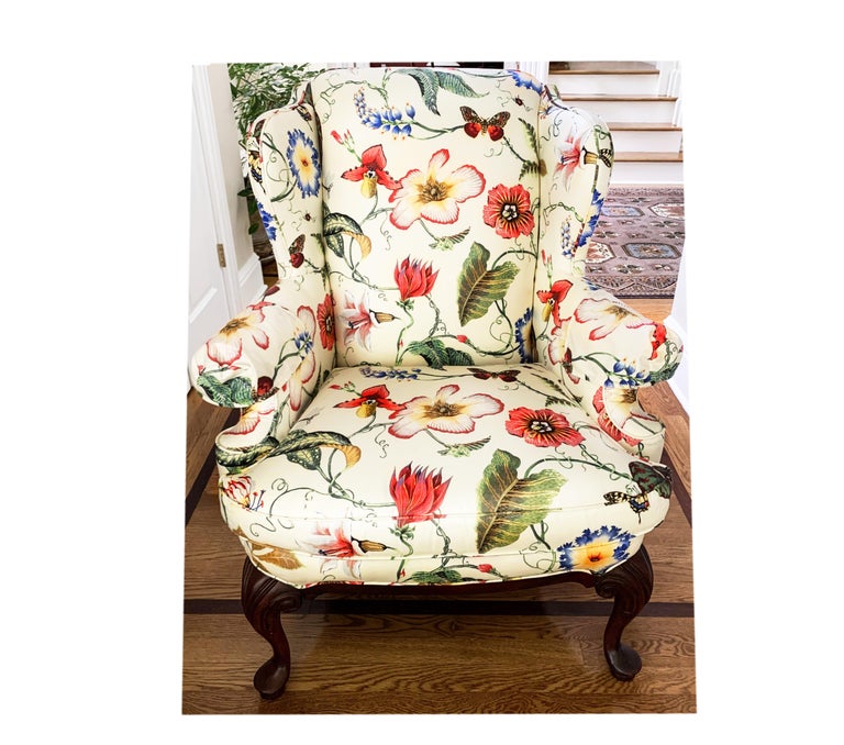 Highland House Custom Floral Contemporary Wingback Armchair, White